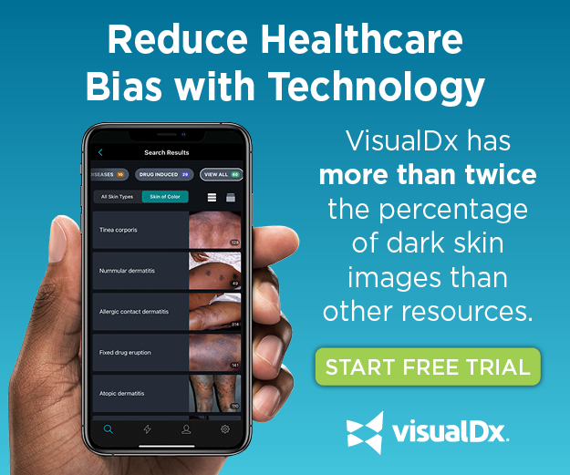 Reduce Healthcare Bias with Technology / VisualDx has more than twice the percentage of dark skin images than other resources / Staart Free Trial / VisualDx